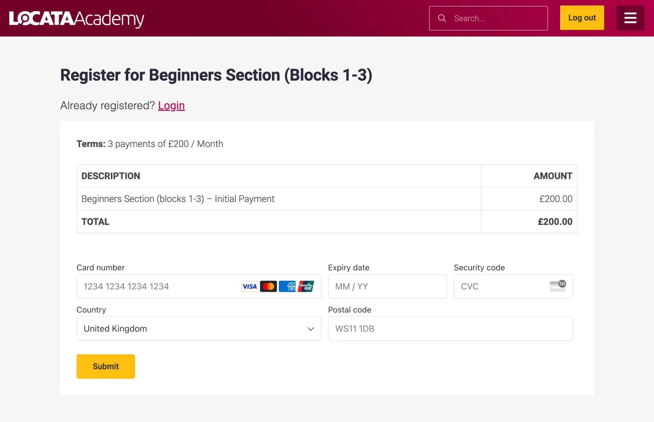 Screenshot of plant payment