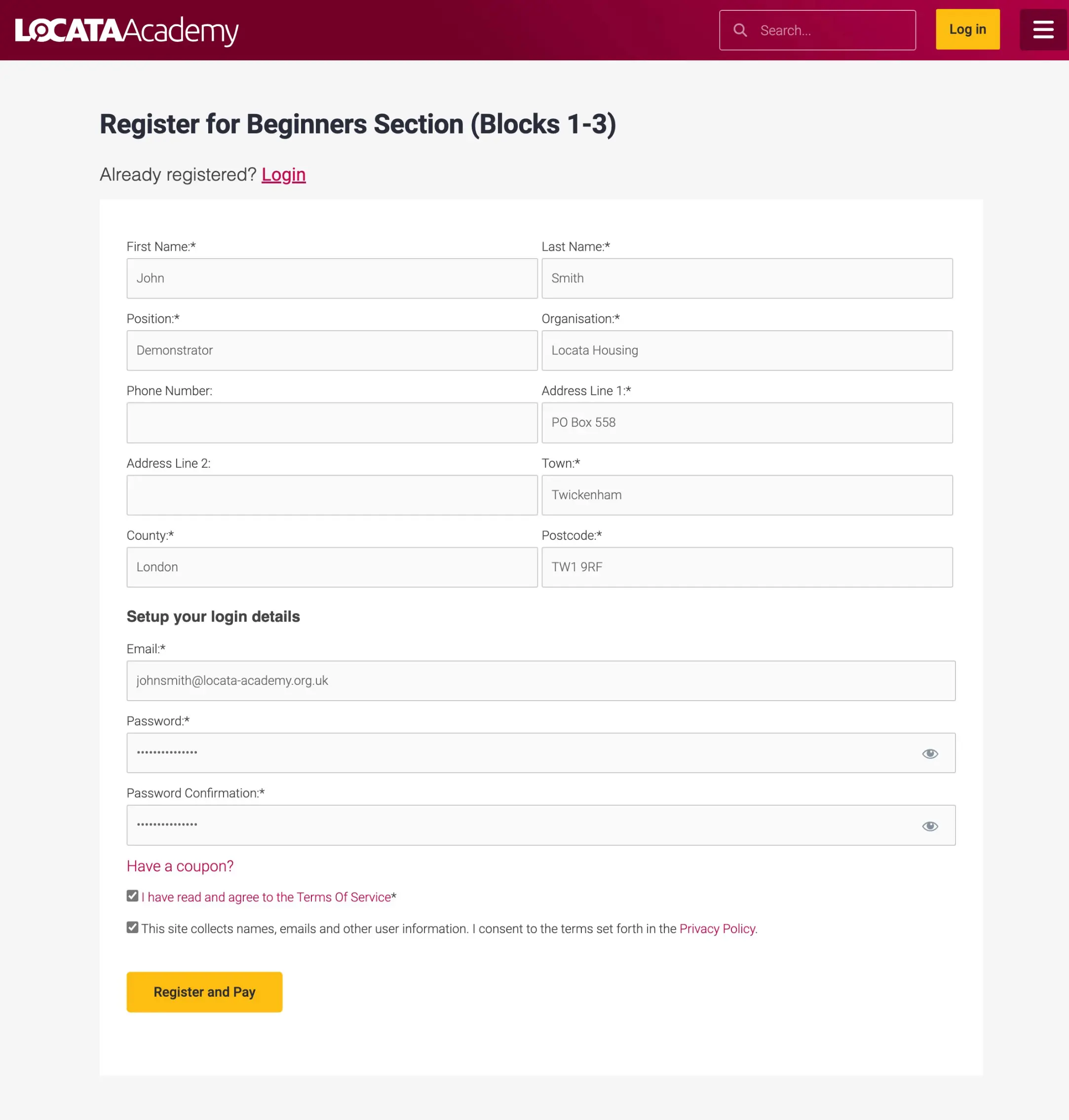 Screenshot of plan registration