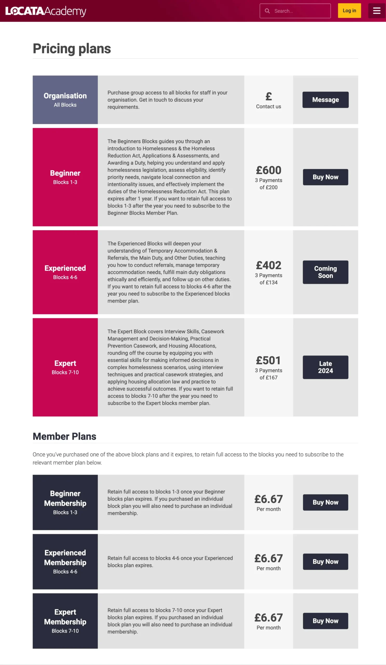 Screenshot of Pricing Plans page