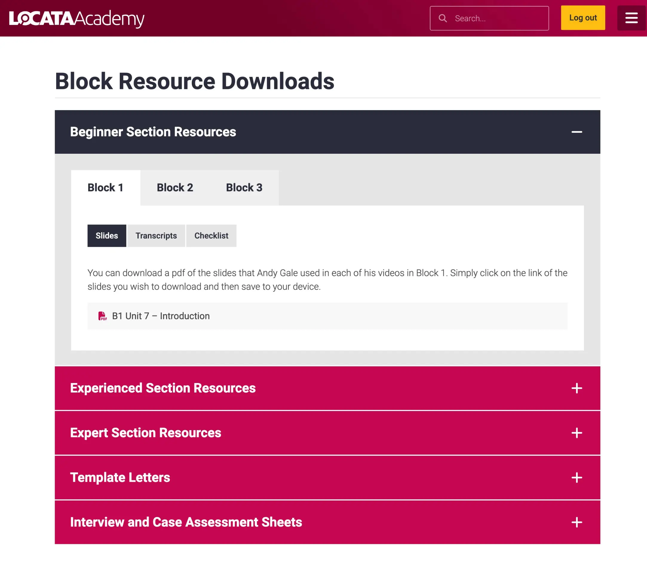 Screenshot of the Resource Downloads page