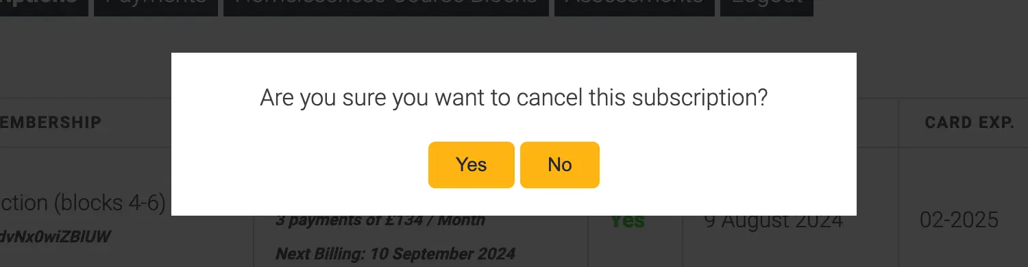 Screenshot of subscription cancel confirmation