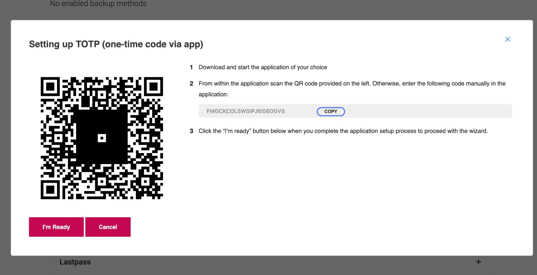 Screenshot of the two-factor authentication QR code