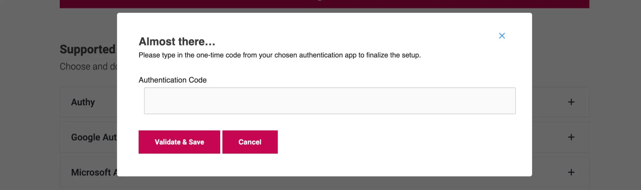 Screenshot of the two-factor authentication validation